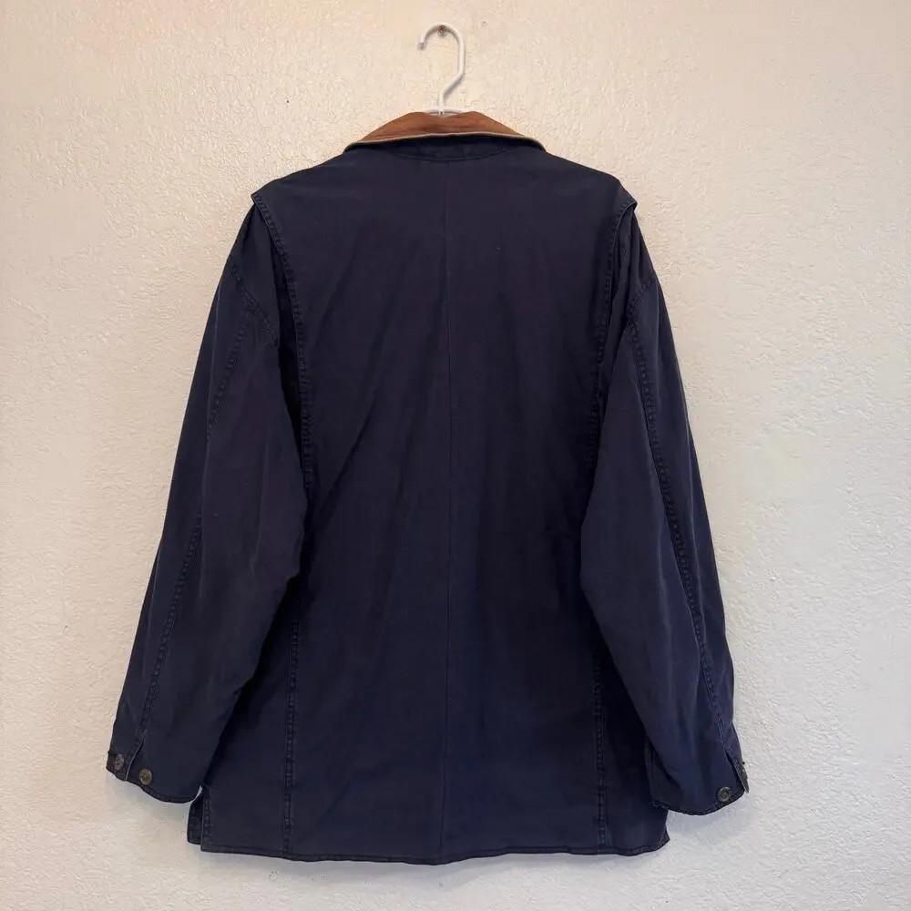 VTG Banana Republic Leather Collared Plaid Lined Chore Jacket Blue MED Utility